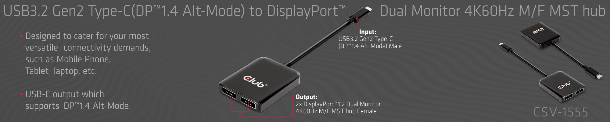 USB3.2 Gen2 Type-C(DP Alt-Mode) to DisplayPort Dual Monitor 4K60Hz M/F MST hub