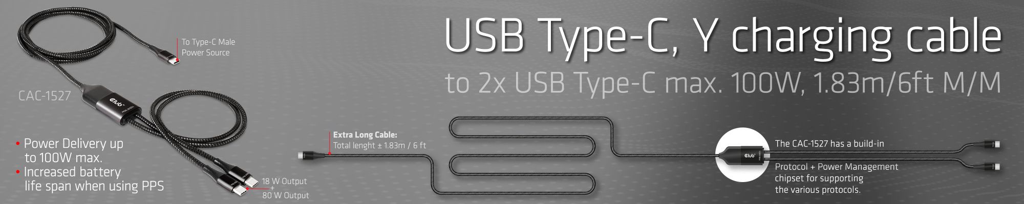 USB Type-C, Y charging cable to 2x USB Type-C max. 100W, 1.83m/6ft M/M