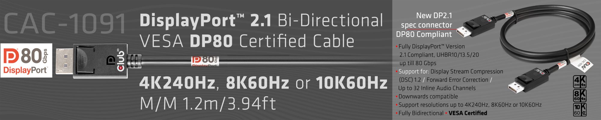 DisplayPort 2.1 Bi-Directional VESA DP80 Certified Cable 4K240Hz, 8K60Hz or 10K60Hz M/M 1.2m/3.94ft 