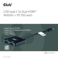USB Tipo-C a HDMI™ dual 4K60Hz + PD 100 vatios.
