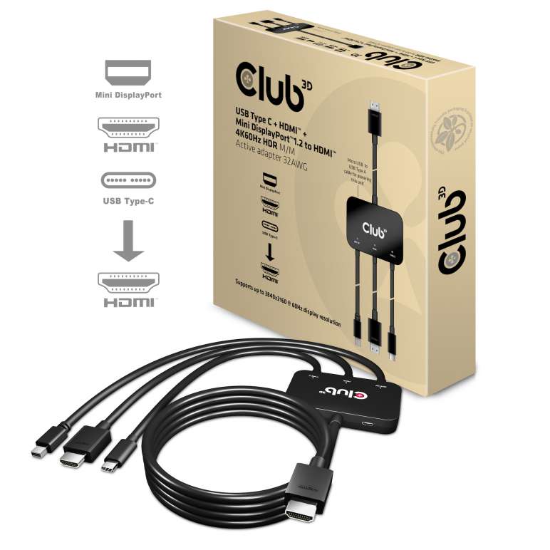 USB tipo-C + HDMI™ + Mini DisplayPort™ 1.2 a HDMI™ 4K60Hz HDR M / M Adaptador activo 32AWG