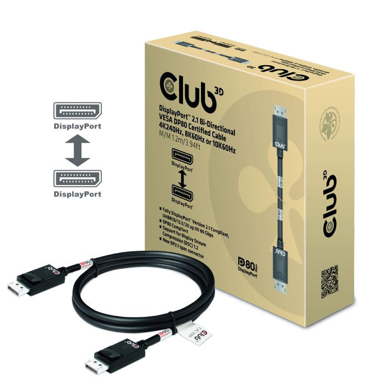 DisplayPort 2.1 Bi-Directional VESA DP80 Certified Cable 4K240Hz, 8K60Hz or 10K60Hz M/M 1.2m/3.94ft 